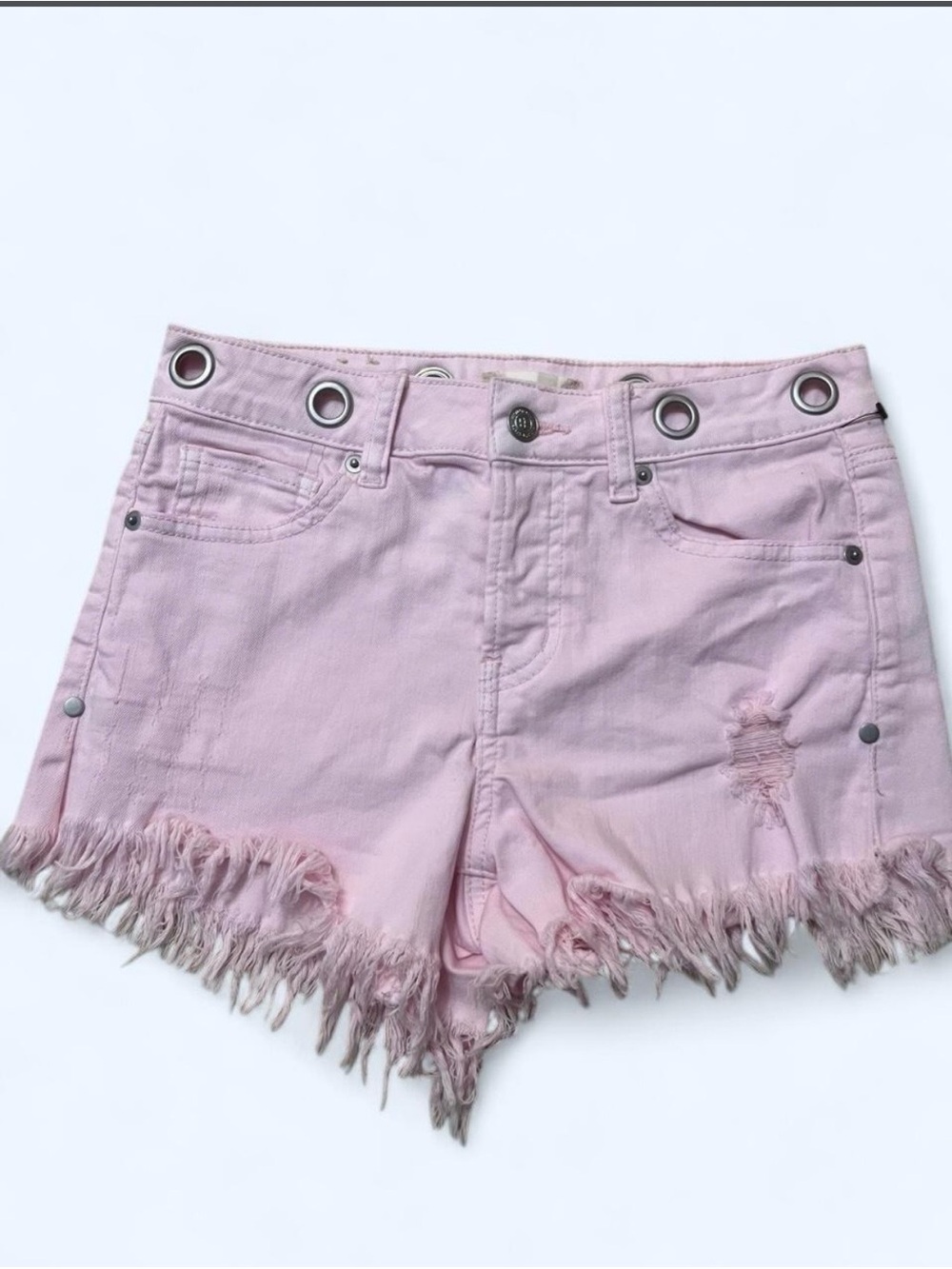 Altar'd State Soft Pink Distressed Fringe Denim Shorts